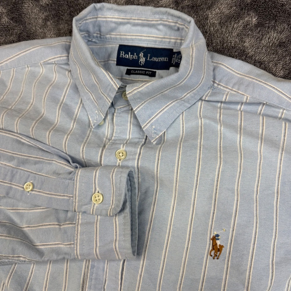 Ralph Lauren Button Down Men 15.5 Blue Striped Classic Fit Oxford Shirt LS